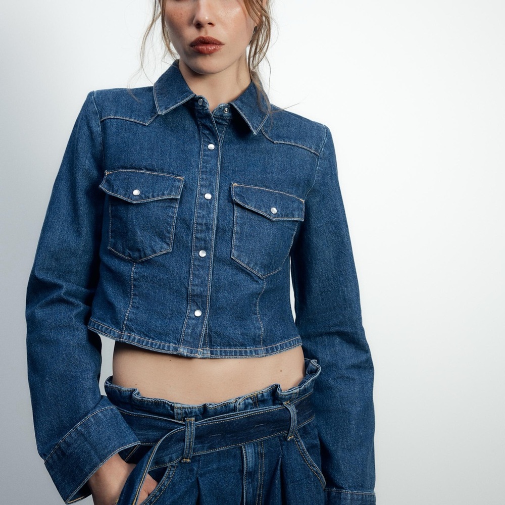 Zara Dark Blue Cropped Denim Jacket